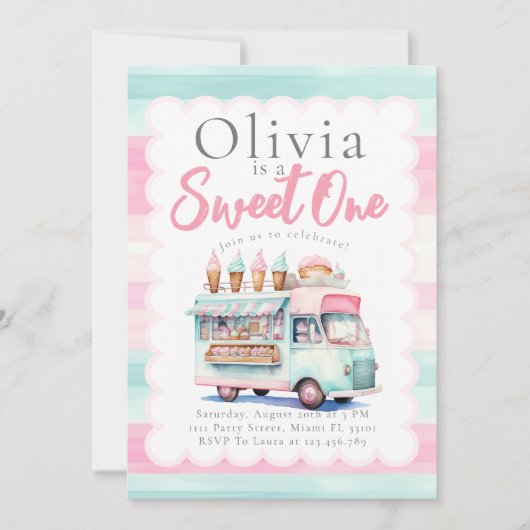 アイスクリームトラック1st誕生日ピンクスイートワン 招待状 (正面)