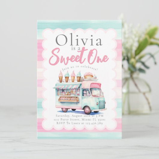 アイスクリームトラック1st誕生日ピンクスイートワン 招待状 (スタンド正面)