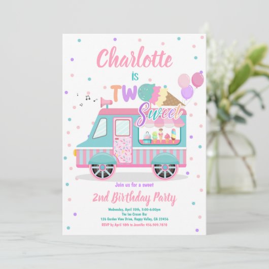 アイスクリームトラック2つの甘い2番目の誕生日パーティー 招待状 (スタンド正面)
