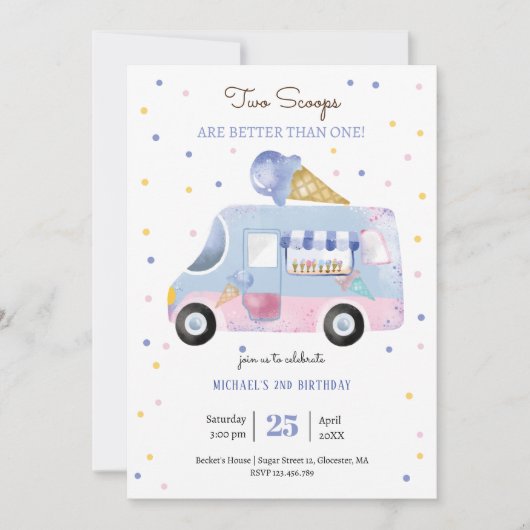 アイスクリームトラック2スクープの2番目の誕生日 招待状 (正面)