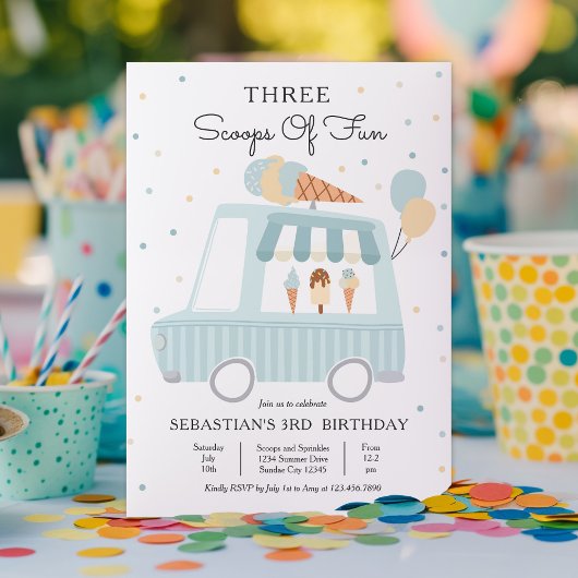 アイスクリームトラック3スクープのおもしろい3日の誕生日 招待状