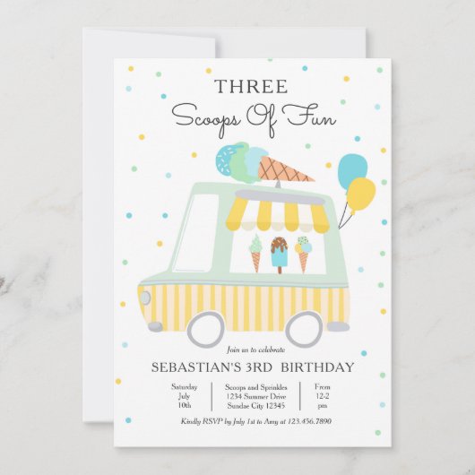 アイスクリームトラック3スクープのおもしろい3日の誕生日 招待状 (正面)