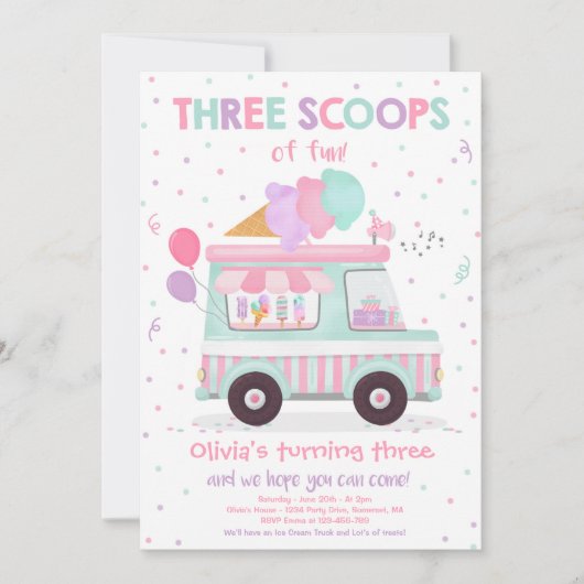 アイスクリームトラック3スクープのおもしろい3日の誕生日 招待状 (正面)