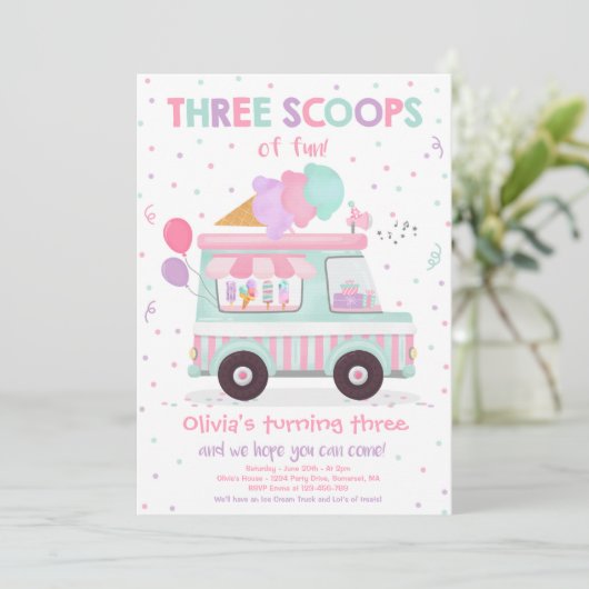 アイスクリームトラック3スクープのおもしろい3日の誕生日 招待状 (スタンド正面)
