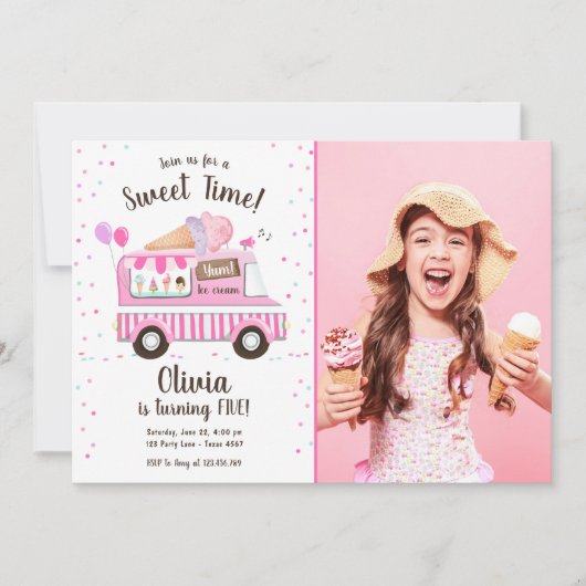 アイスクリームトラック スイートタイム ピンクガール バースデー 招待状 (正面)