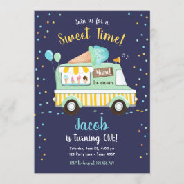 アイスクリームトラック スウィートタイム少年 ミントブルー 誕生日 招待状