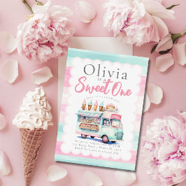 アイスクリームトラック 1歳の誕生日 ピンクのSweet One 招待状