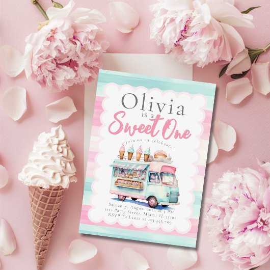 アイスクリームトラック 1歳の誕生日 ピンクのSweet One 招待状