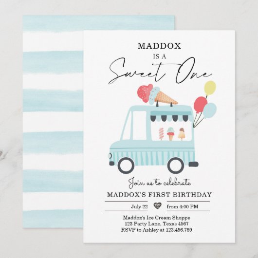 アイスクリームトラック 1歳誕生日招待状 男の子 スイートワン 招待状 (正面/裏面)