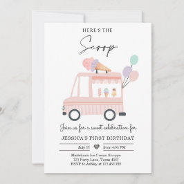 アイスクリームトラック 1歳誕生日招待 ピンクスクープ 招待状