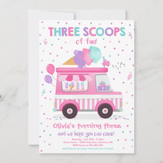アイスクリームトラック 3つの楽しいスコップ 3歳の誕生日 招待状 (正面)