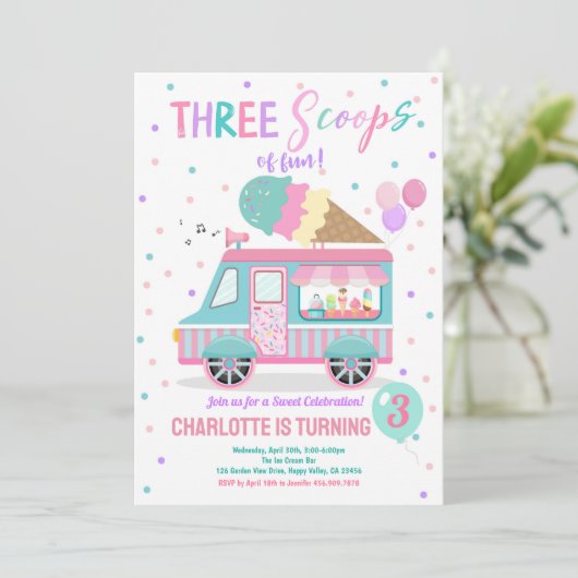 アイスクリームトラック 3つの楽しいスコップ 3歳の誕生日 招待状 (スタンド正面)