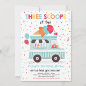 アイスクリームトラック 3つの楽しいスコップ 3歳の誕生日 招待状 (正面)