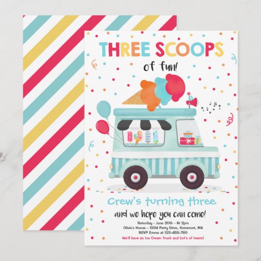アイスクリームトラック 3つの楽しいスコップ 3歳の誕生日 招待状 (正面/裏面)