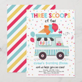 アイスクリームトラック 3つの楽しいスコップ 3歳の誕生日 招待状