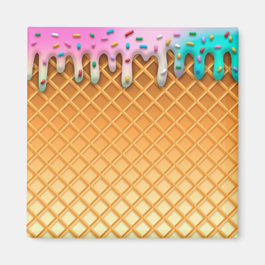 アイスクリームドリップワッフルコーンピンクと散水付き マグネット (正面)