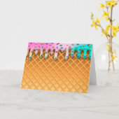 アイスクリームドリップワッフルコーン ピンク スプリンクル付き カード (黄色い花)