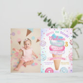 アイスクリームドーナツこちらスクープ誕生日写真 招待状 (スタンド正面)