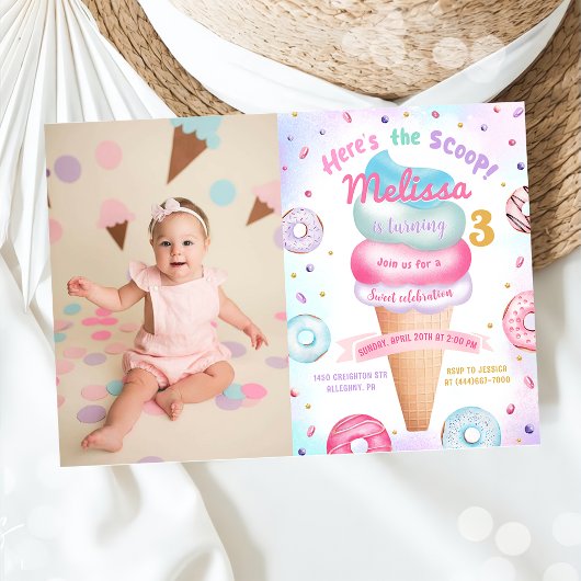 アイスクリームドーナツこちらスクープ誕生日写真 招待状