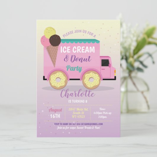 アイスクリームドーナツパーティー誕生日ピンクドーナツ 招待状 (スタンド正面)
