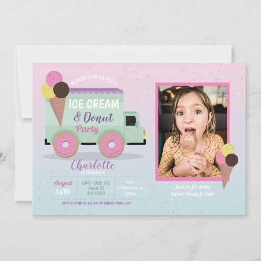 アイスクリームドーナツパーティー誕生日フォトドーナツ 招待状 (正面)