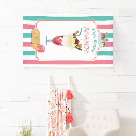 アイスクリームバースデーパパーソナライズされたーティ 横断幕 (インサイチュ)