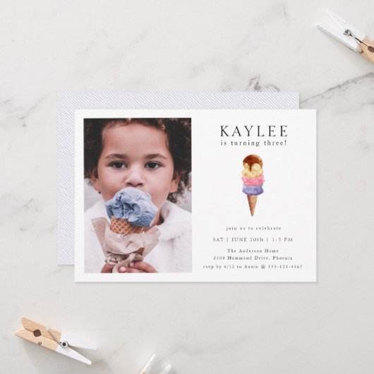 アイスクリームバースデーパーティフォト招待状 招待状 (正面/裏面インサイチュ)