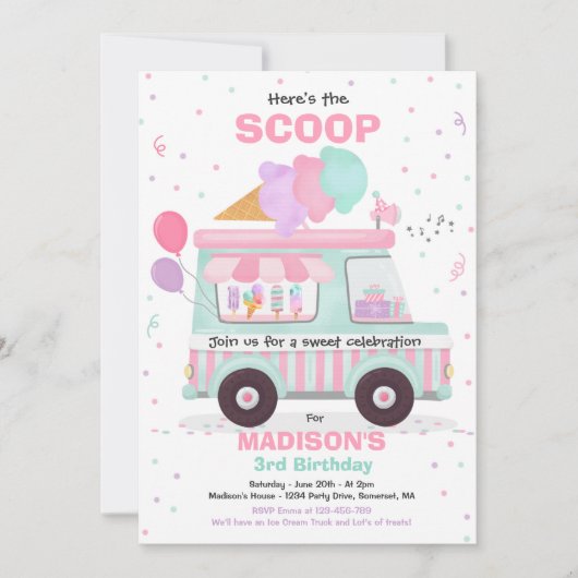 アイスクリームバースデーパーティーアイスクリームトラック誕生日 招待状 (正面)