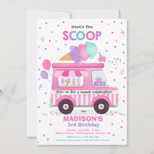 アイスクリームバースデーパーティーアイスクリームトラック誕生日 招待状 (正面)