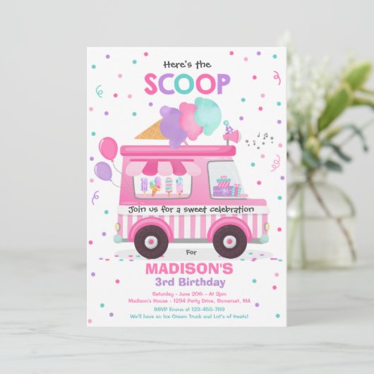 アイスクリームバースデーパーティーアイスクリームトラック誕生日 招待状 (スタンド正面)