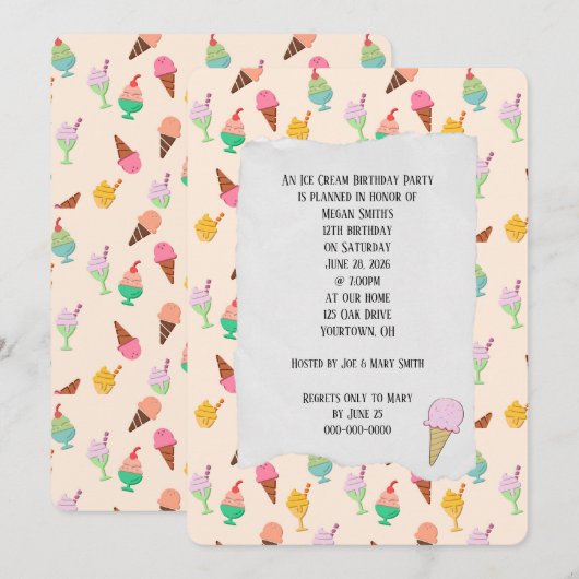 アイスクリームバースデーパーティーコーン招待状 招待状 (正面/裏面)