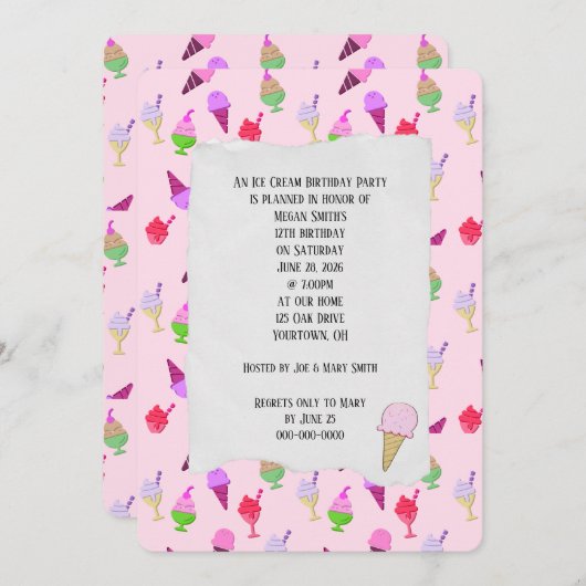 アイスクリームバースデーパーティーコーン招待状 招待状 (正面/裏面)