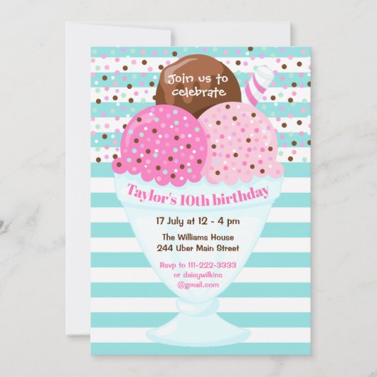 アイスクリームバースデーパーティーピンクとターコイズ 招待状 (正面)