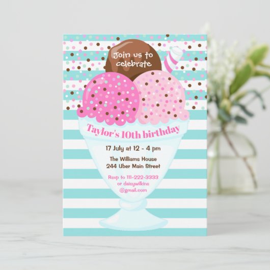 アイスクリームバースデーパーティーピンクとターコイズ 招待状 (スタンド正面)