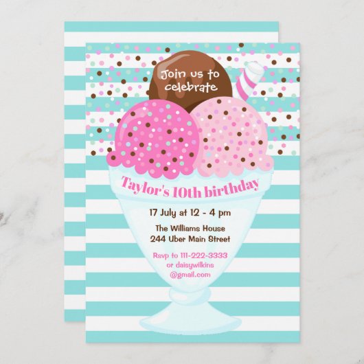 アイスクリームバースデーパーティーピンクとターコイズ 招待状 (正面/裏面)