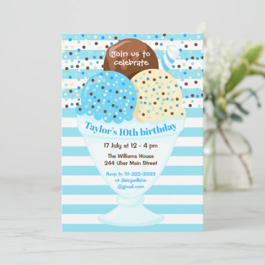 アイスクリームバースデーパーティーブルー 招待状 (スタンド正面)