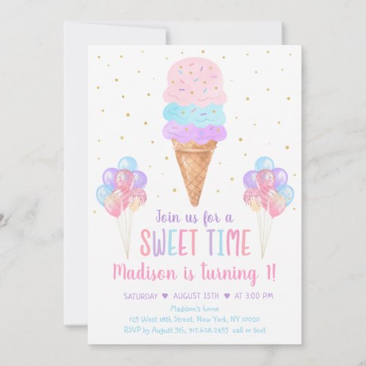 アイスクリームパステルレインボー誕生日 招待状 (正面)