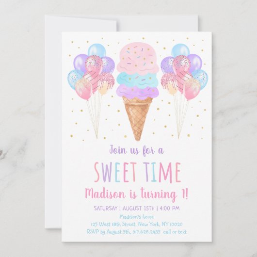アイスクリームパステル誕生日 招待状 (正面)