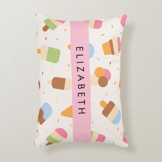 アイスクリームパターン、アイスクリームコーン、あなたの名前 アクセントクッション (正面(垂直))