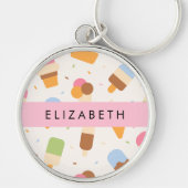 アイスクリームパターン、アイスクリームコーン、あなたの名前 キーホルダー (正面)