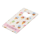 アイスクリームパターン、アイスクリームコーン、あなたの名前 クレジットカード栓抜き (正面アングル)