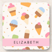 アイスクリームパターン、アイスクリームコーン、あなたの名前 コースター (正面)