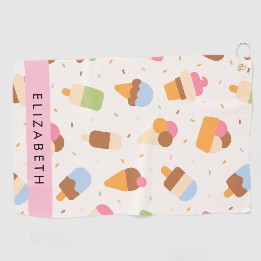 アイスクリームパターン、アイスクリームコーン、あなたの名前 ゴルフタオル (横)