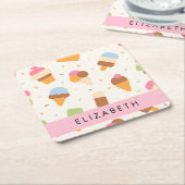 アイスクリームパターン、アイスクリームコーン、あなたの名前 スクエアペーパーコースター (アングル)