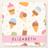 アイスクリームパターン、アイスクリームコーン、あなたの名前 スクエアペーパーコースター (正面)
