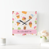 アイスクリームパターン、アイスクリームコーン、あなたの名前 スクエア壁時計 (ホーム)
