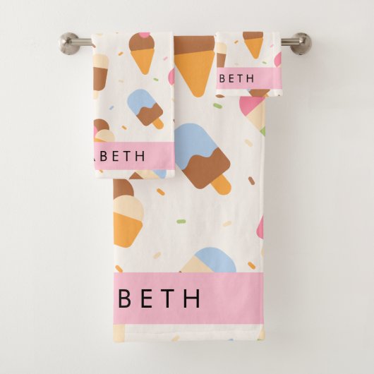 アイスクリームパターン、アイスクリームコーン、あなたの名前 バスタオルセット (インサイチュ)