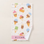 アイスクリームパターン、アイスクリームコーン、あなたの名前 バスタオルセット (ハンドタオル)