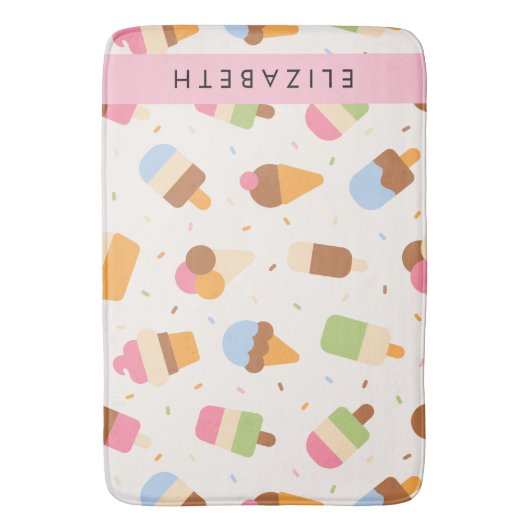 アイスクリームパターン、アイスクリームコーン、あなたの名前 バスマット (正面縦)