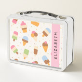 アイスクリームパターン、アイスクリームコーン、あなたの名前 メタルランチボックス (裏面)